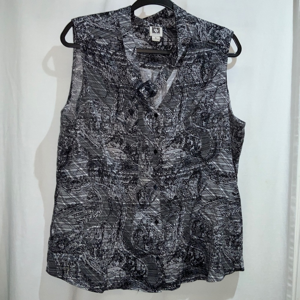 Anne Klein button front blouse Sz XL neck tie sleeveless